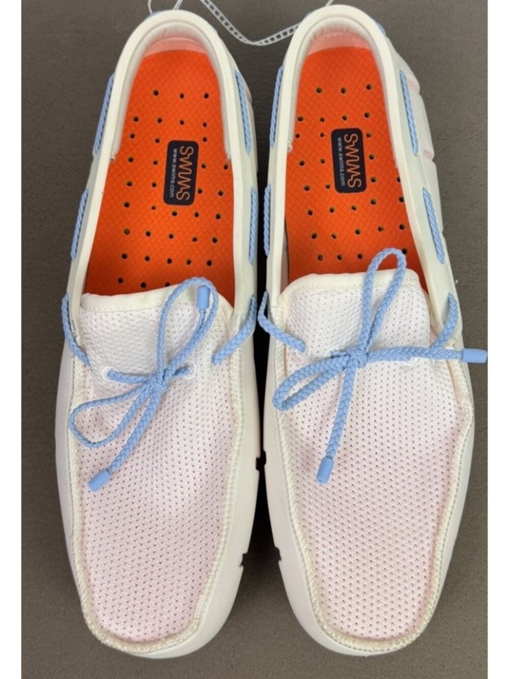 Swims Men's White Mesh Boat Shoes with Light Blue Laces and Orange Insoles